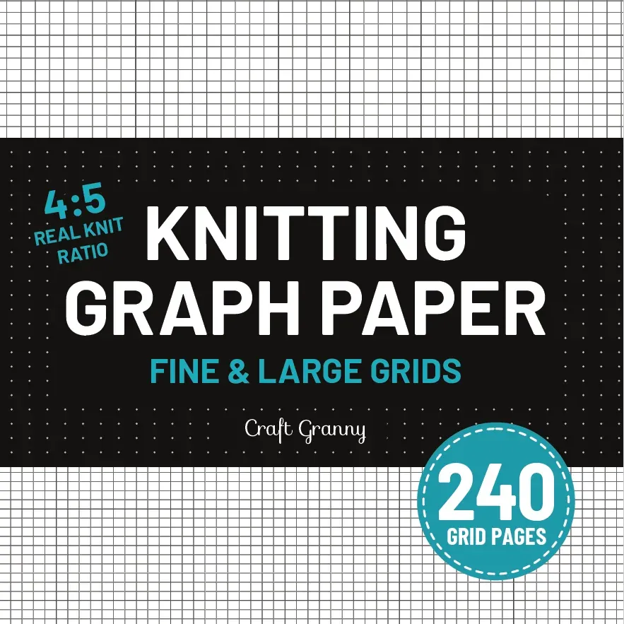 Front cover of Knitting Graph Paper, 240 grid pages: white title on a black band with "4:5 real knit ratio" and "Fine & large grids" in teal, graph paper above and below