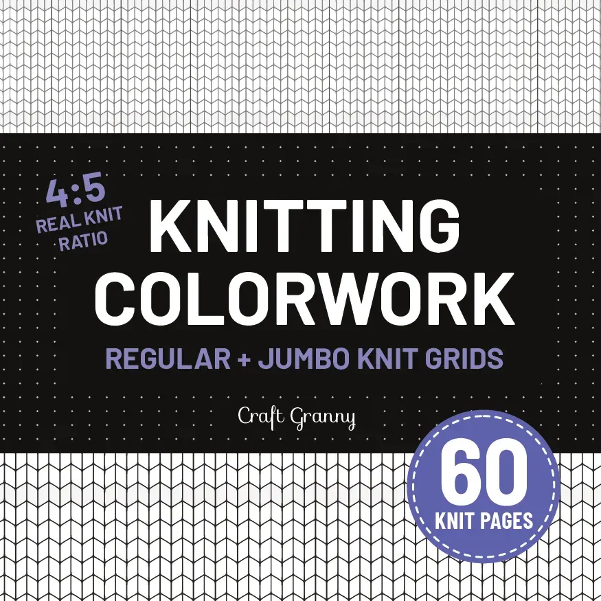 Front cover of Knitting Colorwork, 60 knit pages: white title on a black band with "4:5 real knit ratio" and "Regular + jumbo knit grids" in violet, knit stitch charts above and below