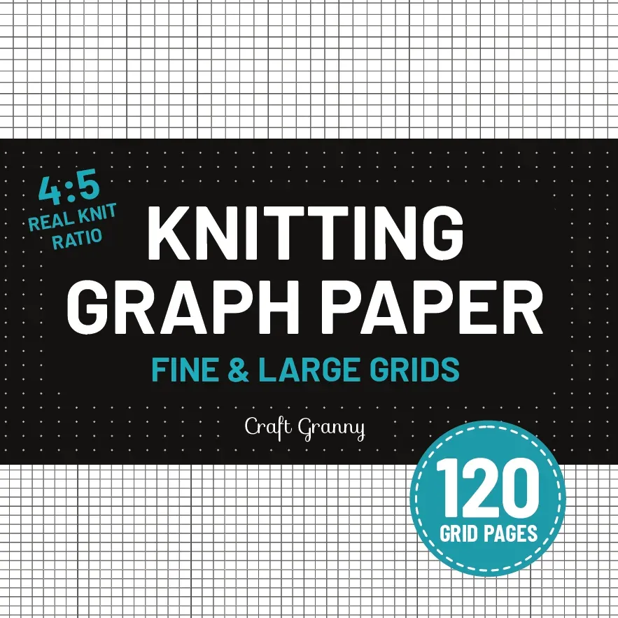 Front cover of Knitting Graph Paper, 120 grid pages: white title on a black band with "4:5 real knit ratio" and "Fine & large grids" in teal, graph paper above and below