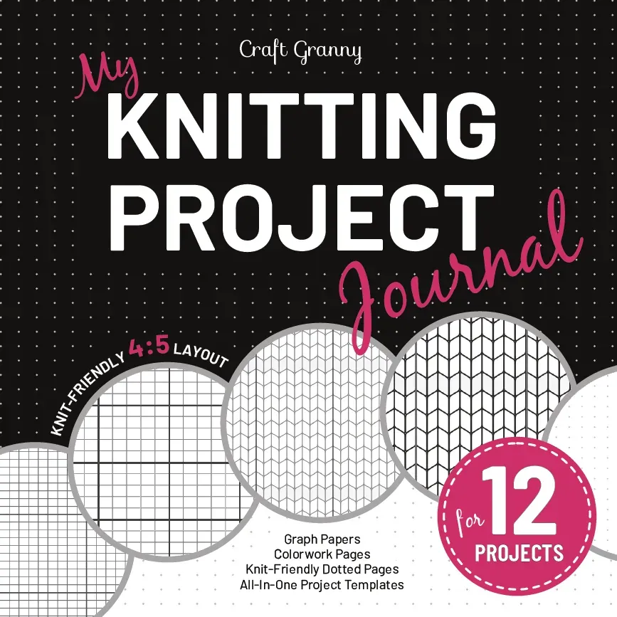 Front cover of the Knitting Project Journal for 12 projects: "Knitting Project Journal" in white and pink on black, "knit-friendly 4:5 layout", circles showing graph, colorwork and dotted pages, and a pink "for 12 projects" badge