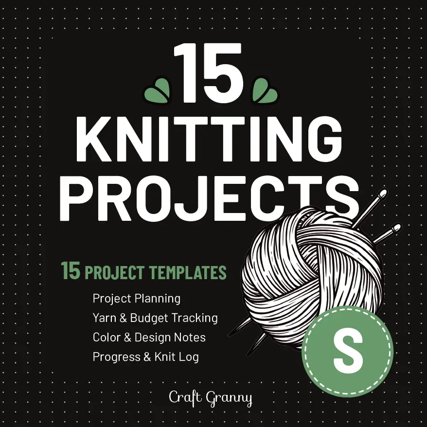 Front cover of Knitting Projects, size S: "15 Knitting Projects" in white on black with a ball of yarn, knitting needles and green leaves