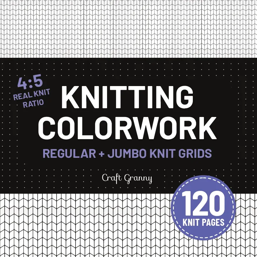 Front cover of Knitting Colorwork, 120 knit pages: white title on a black band with "4:5 real knit ratio" and "Regular + jumbo knit grids" in violet, knit stitch charts above and below