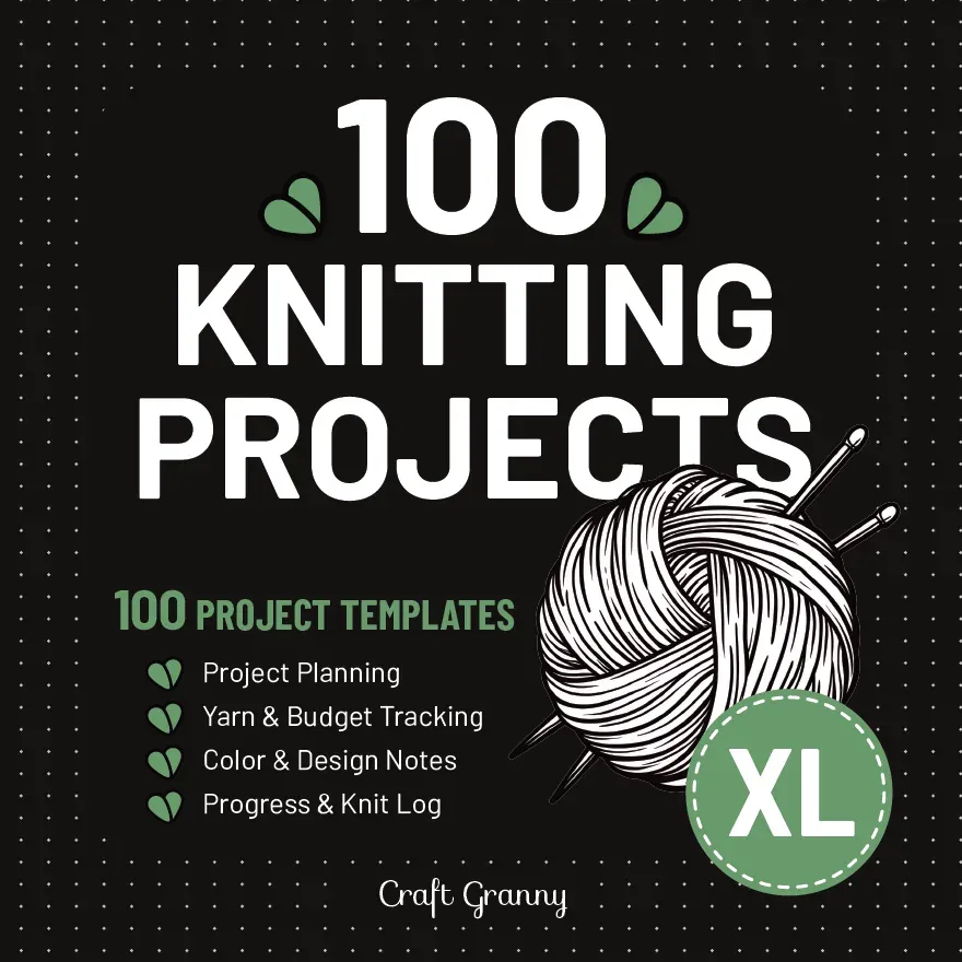 Front cover of Knitting Projects, size XL: "100 Knitting Projects" in white on black with a ball of yarn, knitting needles and green leaves
