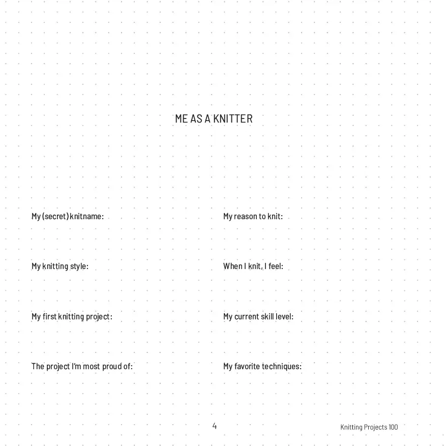 "Me as a Knitter" page with prompts such as my knitting style and my first knitting project