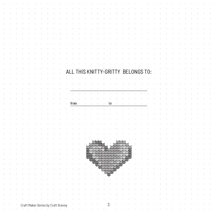 "All this knitty-gritty belongs to" name page with a knitted heart