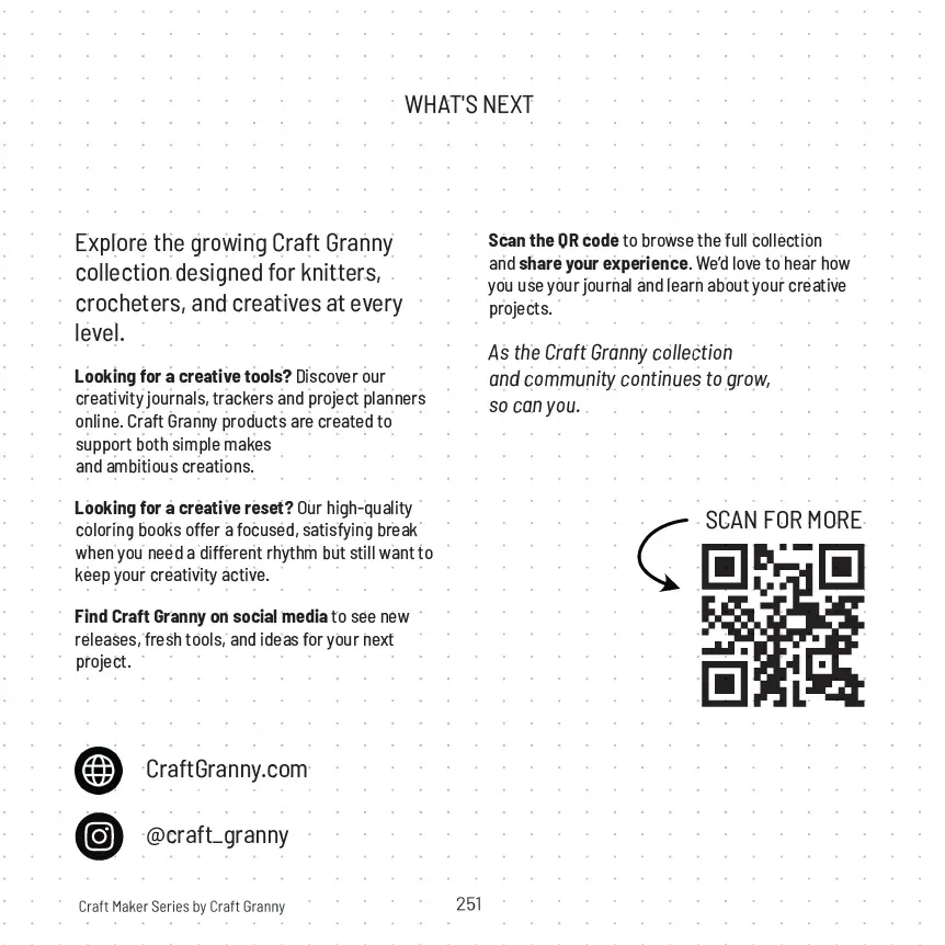 "What's next" page with links to Craft Granny online and a QR code