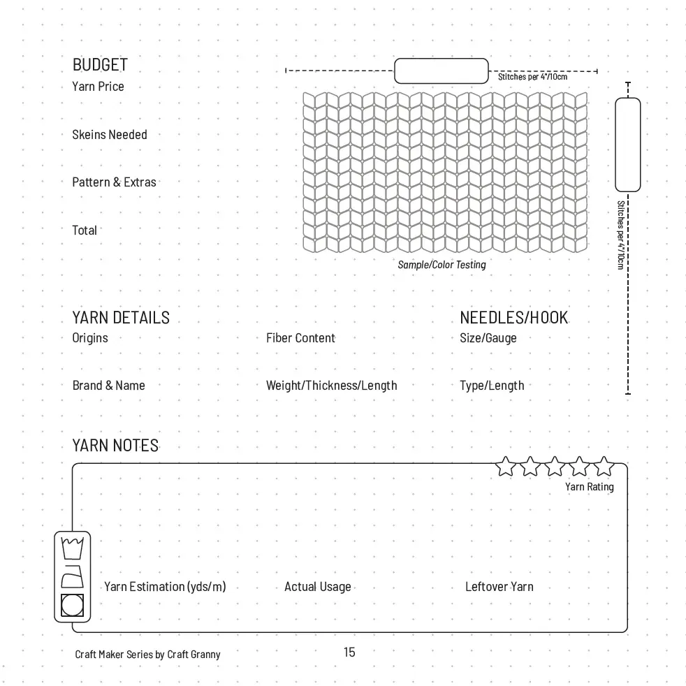Project template page: budget, sample and color testing grid, yarn details, needles or hook, and yarn notes
