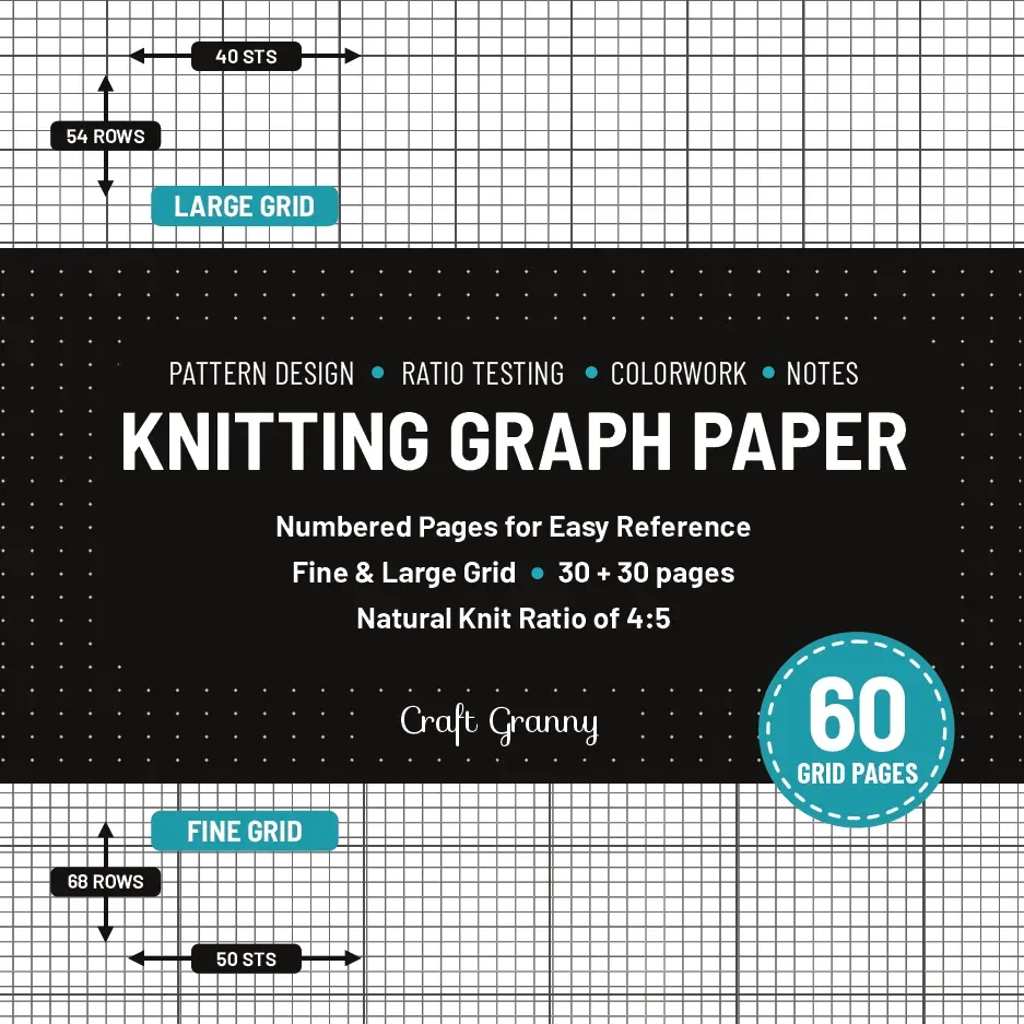 Back cover of Knitting Graph Paper, 60 page edition, showing the large grid (40 stitches × 54 rows) and fine grid (50 stitches × 68 rows) with "30 + 30 pages"
