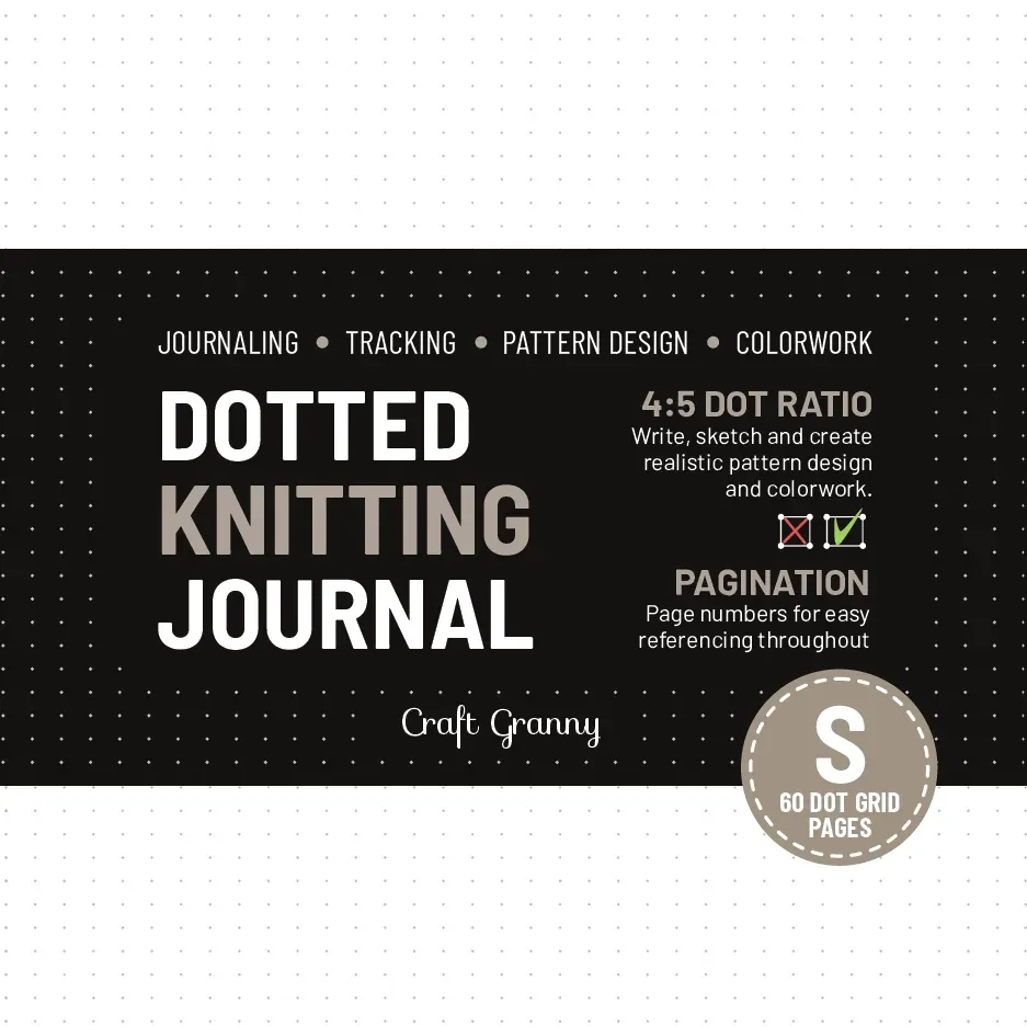 Back cover of Dotted Knitting Journal, size S: "Journaling, tracking, pattern design, colorwork", 4:5 dot ratio and page numbers explained