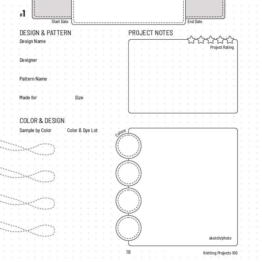 Project template page: design and pattern, project notes with star rating, and color and design with yarn samples