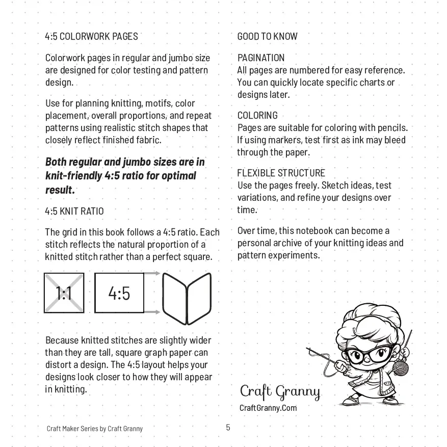 Colorwork pages explained: regular and jumbo sizes, the 4:5 knit ratio compared with square 1:1 paper, numbering and coloring tips