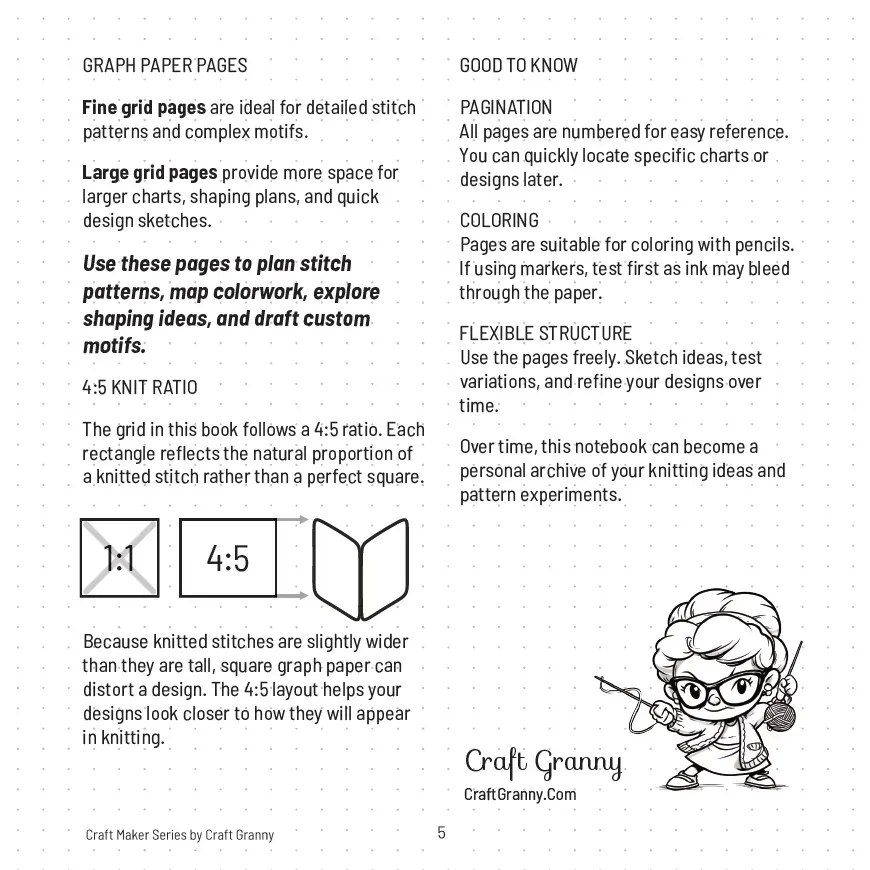 Graph paper pages explained: fine and large grids, the 4:5 knit ratio compared with square 1:1 paper, numbering and coloring tips