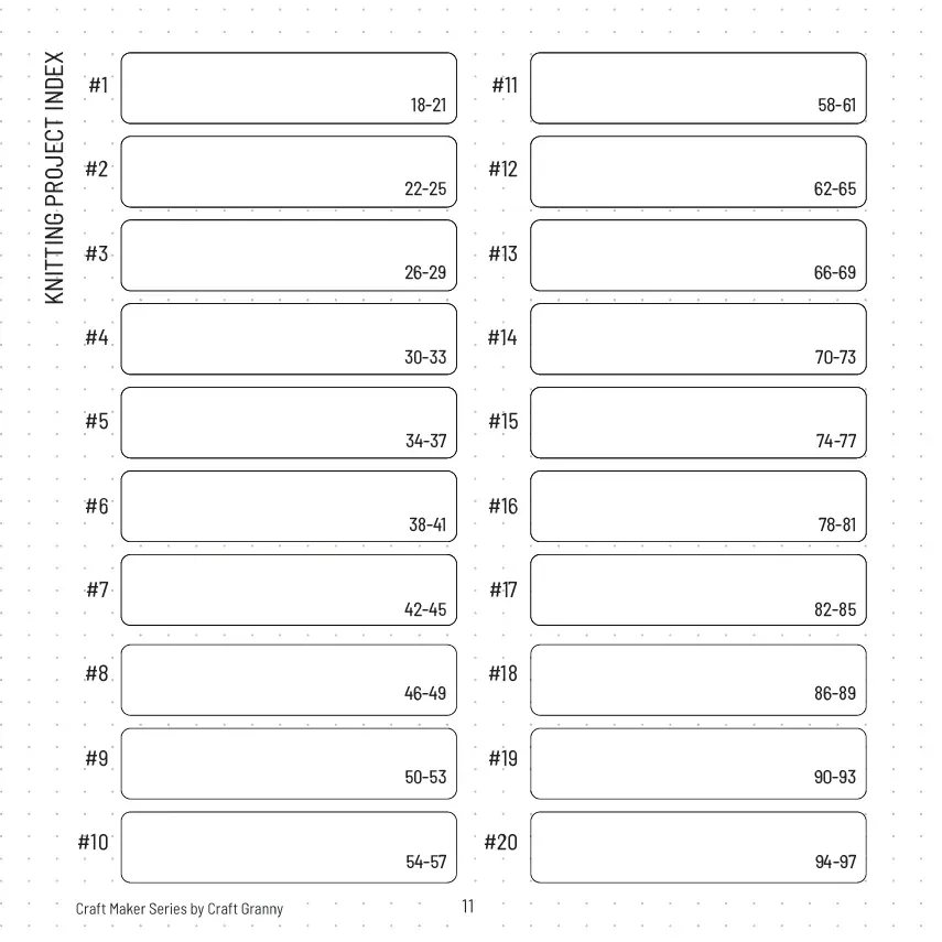 Knitting Project Index page with numbered project slots and page references